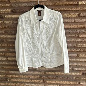Multiples White Ribbon Full Zip Blouse Shirt Size Medium